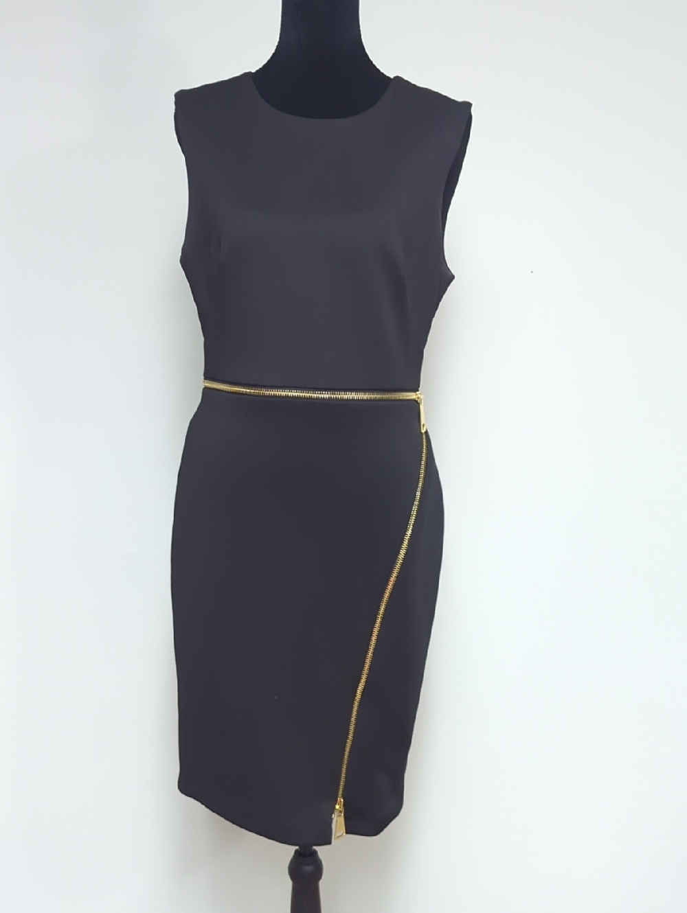 Calvin Klein Black Sleeveless Midi Dress with Gold Zipper Detail